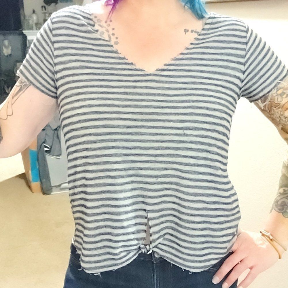 One Clothing Gray and Navy Stripped short sleeve top Tattered